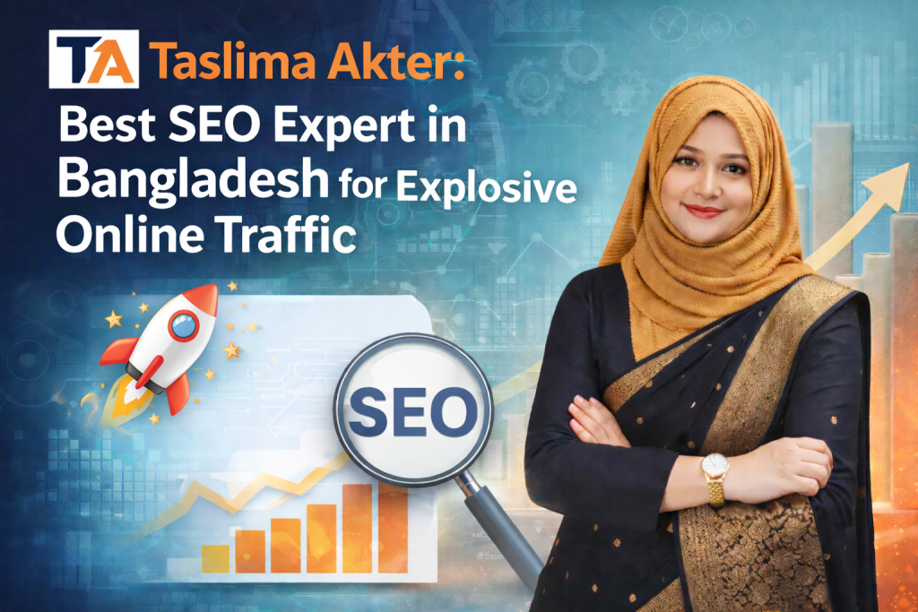 Taslima Akter, Best SEO Expert in Bangladesh, standing confidently in mustard hijab and black attire with digital marketing and SEO graphics, charts, and growth icons in the background.