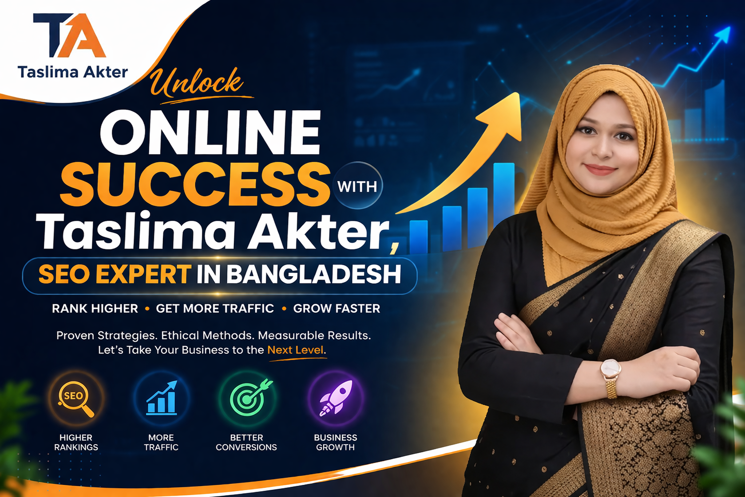 Taslima Akter, SEO Expert in Bangladesh, standing confidently in mustard hijab and black attire with digital marketing graphics, growth charts, and SEO icons in the background.