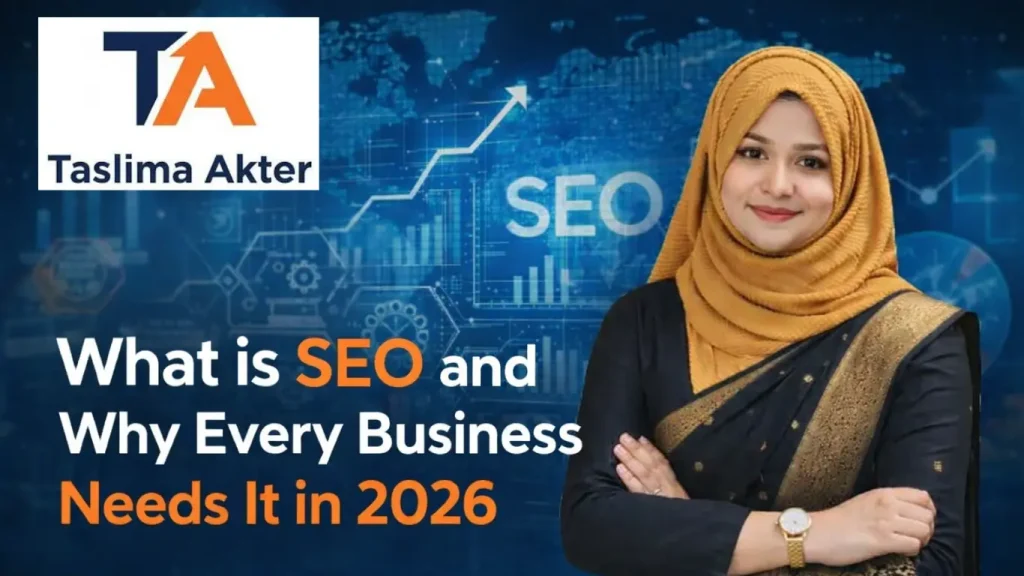 Taslima Akter SEO expert with blog title 'What is SEO and Why Every Business Needs It in 2026'.