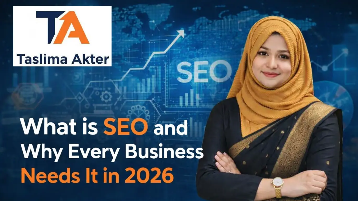 Taslima Akter SEO expert with blog title 'What is SEO and Why Every Business Needs It in 2026'.